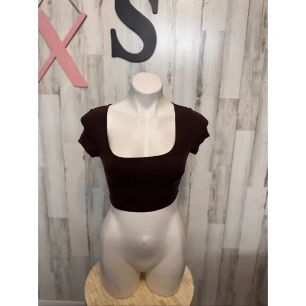 Brown Crop Top XS Square Neck Short Sleeve Fitted Stretch Basic Brown - Image 2