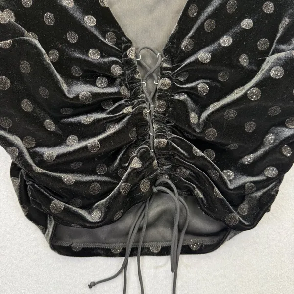 For Love & Lemons Black Velvet Polka Dot Ruched Lace Up Crop‎ Top CT1539-HO19 S - Image 2