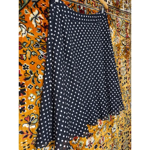 y2K Anne Klein Navy White Polka Dot Chiffon Flared Skirt Sz 8 - Image 6