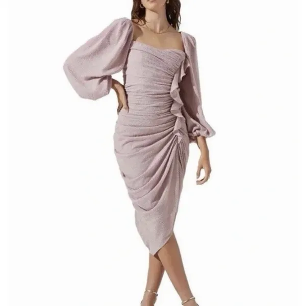 ASTR the Label Athens Ruched Puff Sleeve Shimmer Midi Dress Pink S - Image 3