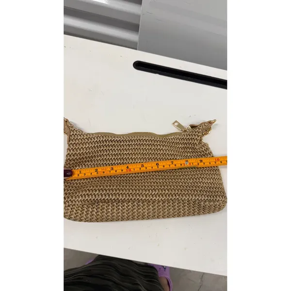 Tan Woven Straw Baguette Shoulder Bag Gold Chain Strap Raffia Style Bag - Image 8