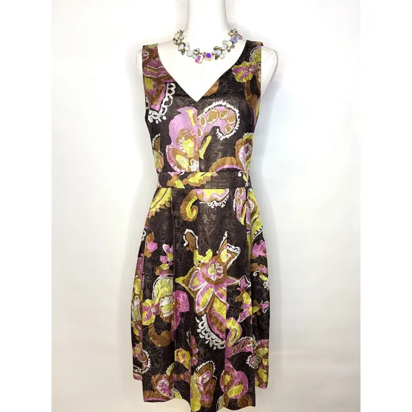 Tory Burch Silk Metallic Paisley Floral V-Neck Fit & Flare Cocktail Dress 4 - Image 3
