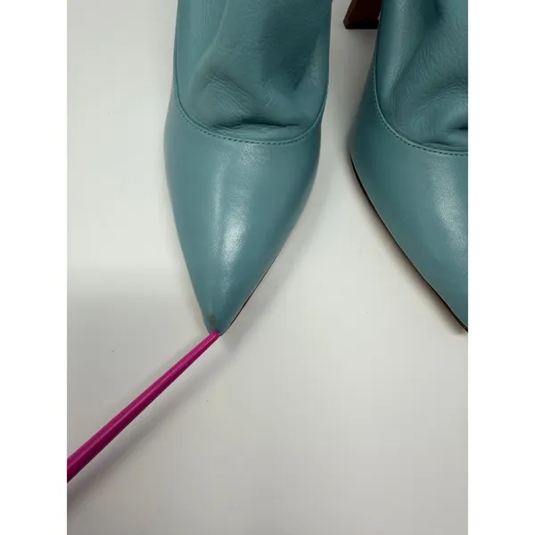 YEVRAH Light Blue Leather Ruched Toggle Pointed Toe Wood Block Heels Size 38 - Image 6