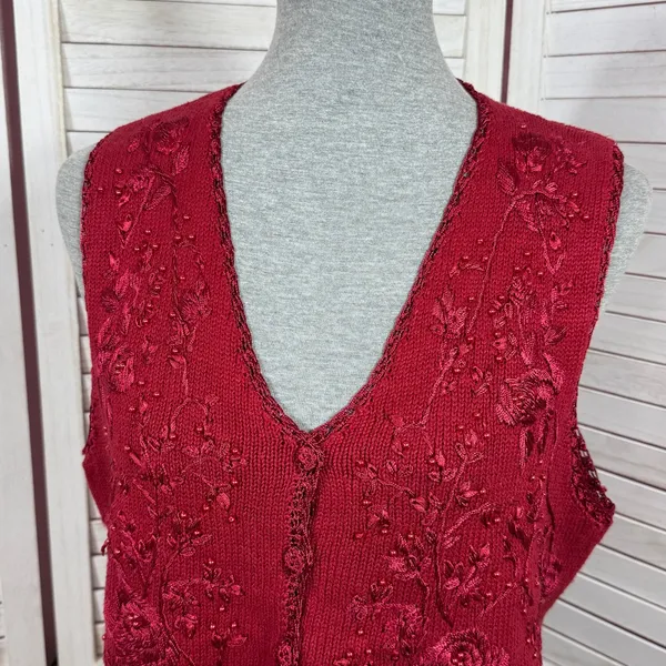 Vintage 90s Heirloom Collectibles Embroidered Beaded Sweater Vest‎ Red Medium - Image 5