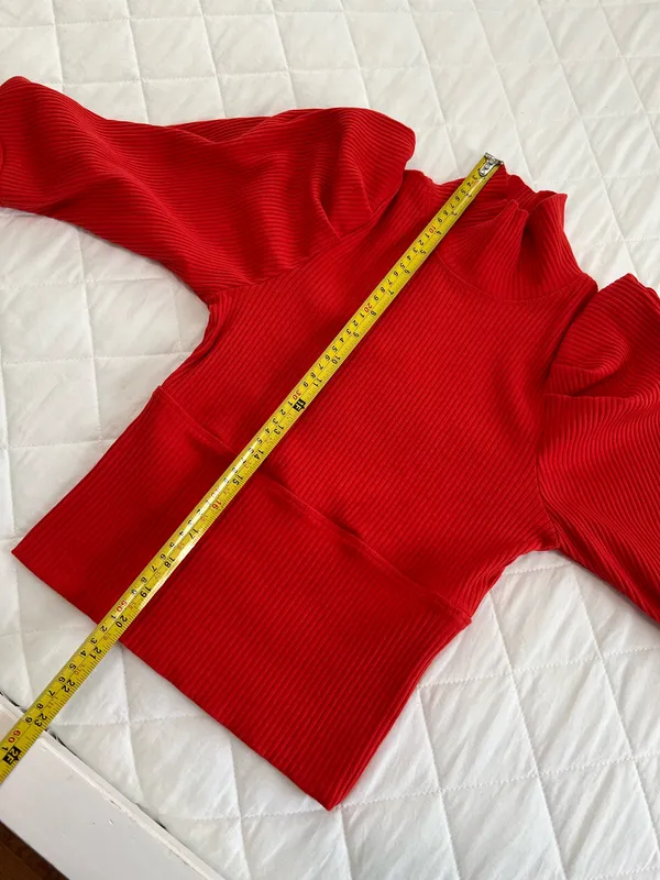 Free People Red Ribbed Mock Neck Puff Sleeve Knit Top Romantic Coquette Boho M - Image 6