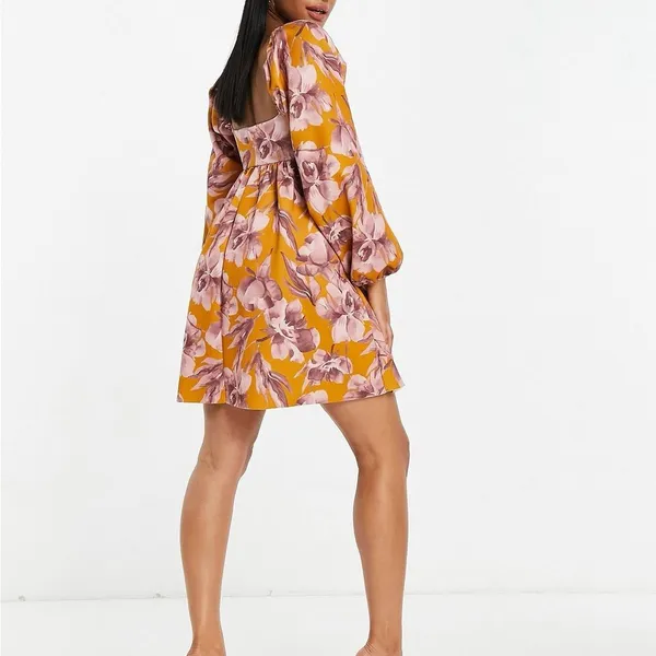 ASOS Design Square Neck smock babydoll mini dress water color floral size 4 - Image 3