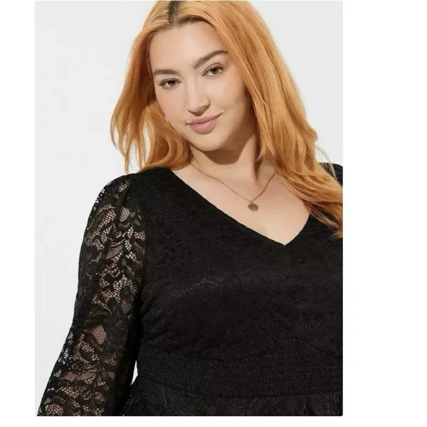 Torrid Black Stretch Lace Smocked Long Sleeve Babydoll Top Size 3X Goth Casual‎ - Image 3