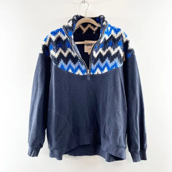 Aerie Hometown Holiday 1/4 Zip Fleece Pullover Jacket Sweatshirt Blue Medium - Image 2