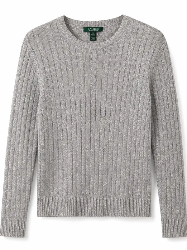Lauren Ralph Lauren Silver Metallic Cable Knit Sweater Women XL Crew Neck - Image 2