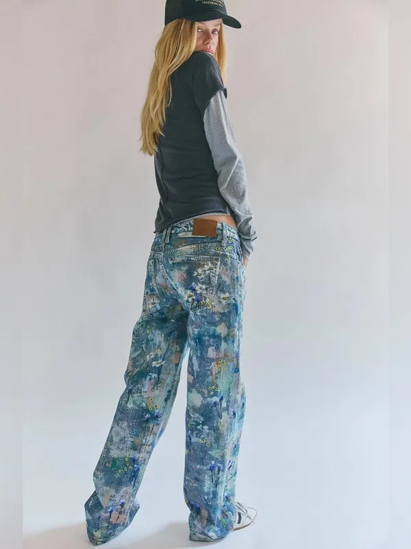Free People Tennessee Low Rise Illusion Jeans Floral Canvas Paint Splatter - Image 8