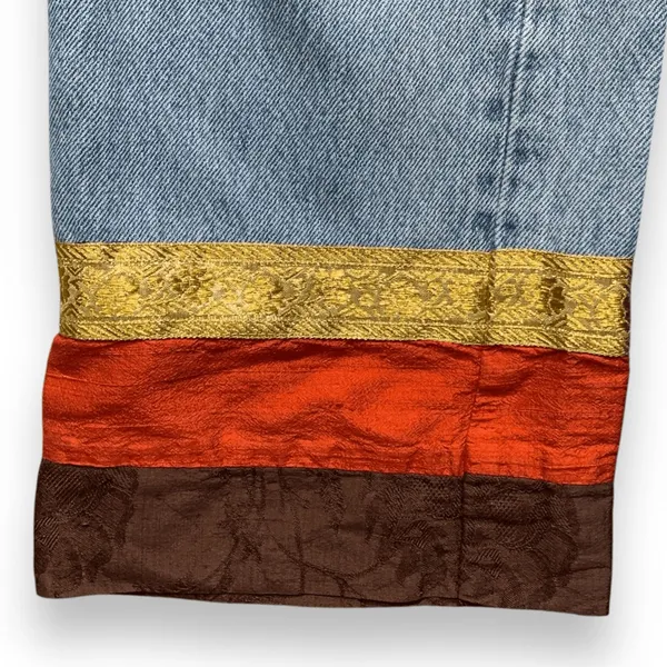 Vintage 90s Levi’s 501 Jeans Custom Brown Boho Stripe Hem USA Made Festival Wear - Image 4
