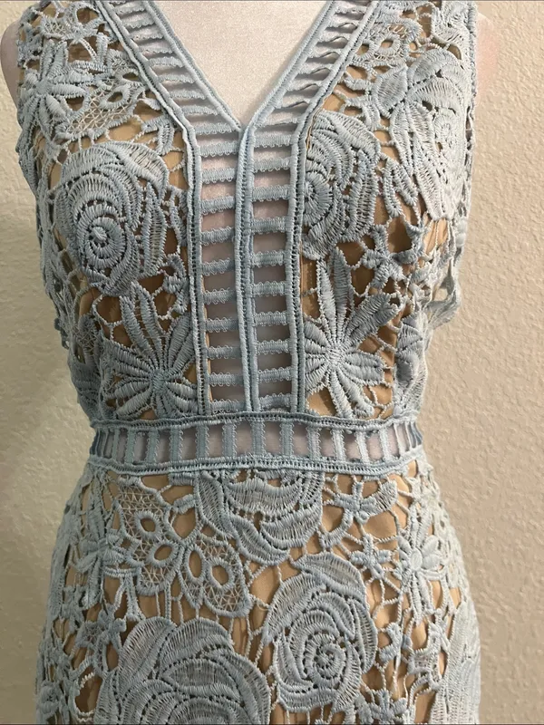 Aqua Light Blue Floral Lace Midi Dress - Image 3