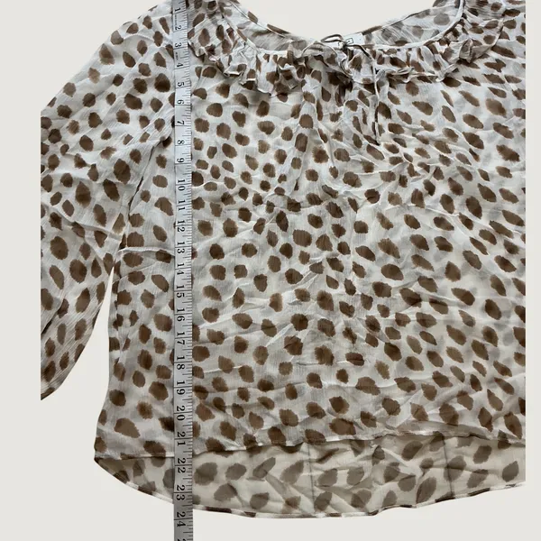 AYR Womens Ruffle Neck Abstract Animal Print Sheer Blouse Brown Cream E2047 L - Image 3