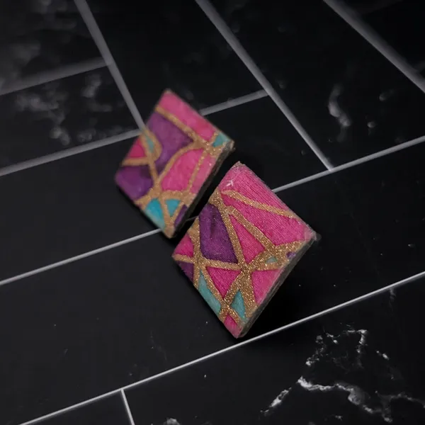 Vintage Stud Earrings Pink/Purple/Teal Geometric Artist Statement - Image 2
