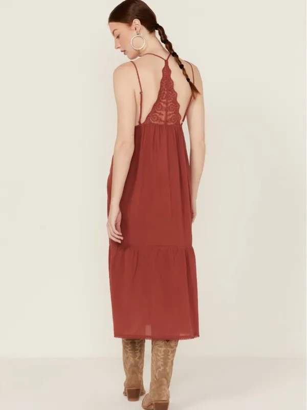 Lush Rust Red Lace-Trim Sleeveless Midi Boho Sun Dress Western Cottage Size S - Image 2