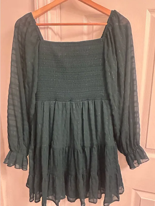 Altar’d State Green Smocked Tiered Dress Sheer Long Sleeve Shimmer Boho S - Image 7
