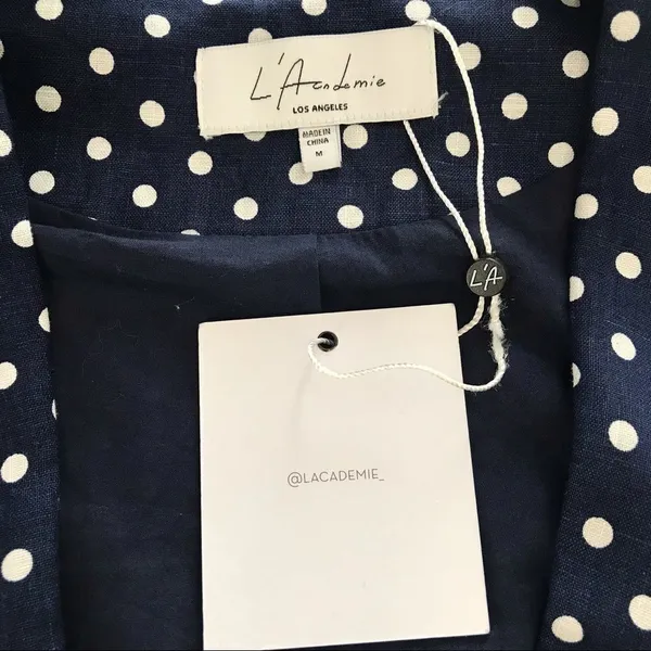 L’ACADEMIE Polka‎ Dot Linen Blazer Medium Navy Blue White Boyfriend Open Front - Image 6