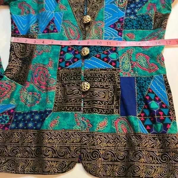 Vintage Boho Eclectic Patchwork Print Blazer Ornate Button Jacket Size 10 artsy Blue - Image 8