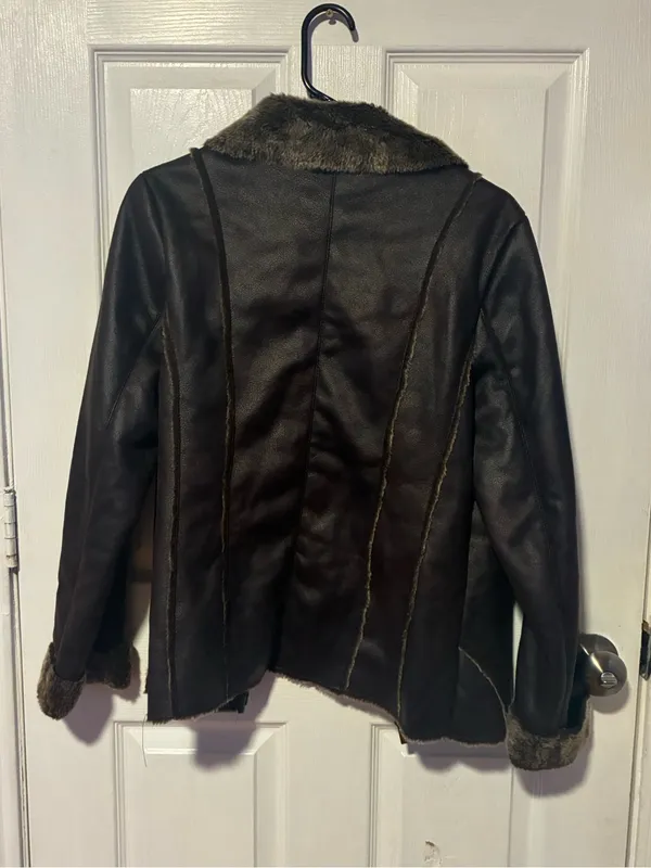 Style & Co. Dark Brown Faux-Leather Jacket with Faux-Shearling Trim - Image 3