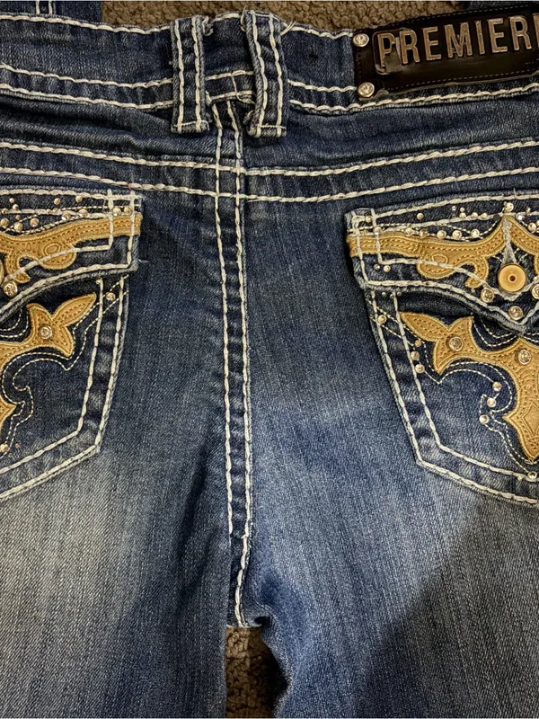 Premier emblished low rise distressed dark wash bootcut denim jeans 3/4 grunge - Image 9