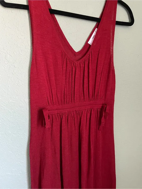 Mango Linen Blend V-Neck Maxi Dress Red Tiered Ruffle Hem Elastic Waist XS Red - Image 4