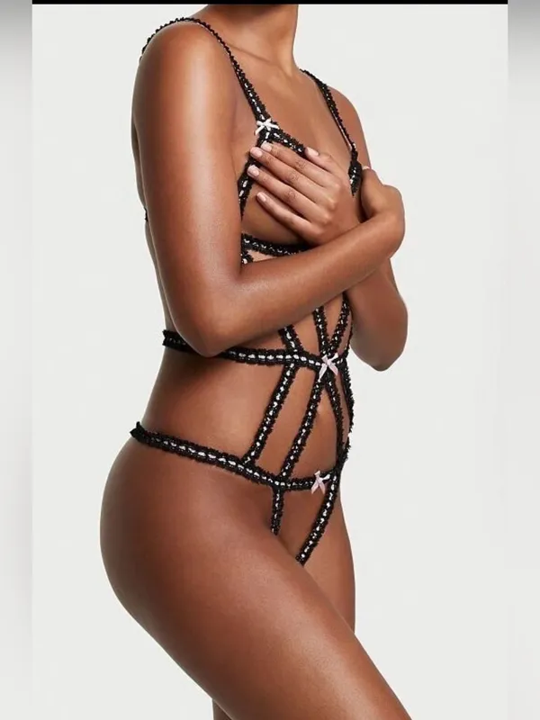 Victoria’s Secret dream angels ribbon slot strappy teddy Lingerie Pink large - Image 5