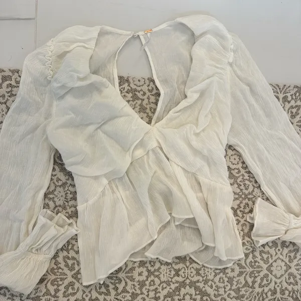 Free People White Ruffle V-Neck Peplum Blouse - Image 7