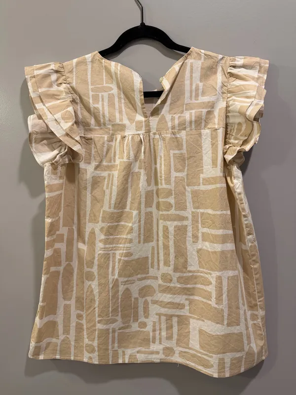Michelle McDowell Patterned Flutter Sleeve Blouse Tan / Cream Size L - Image 2