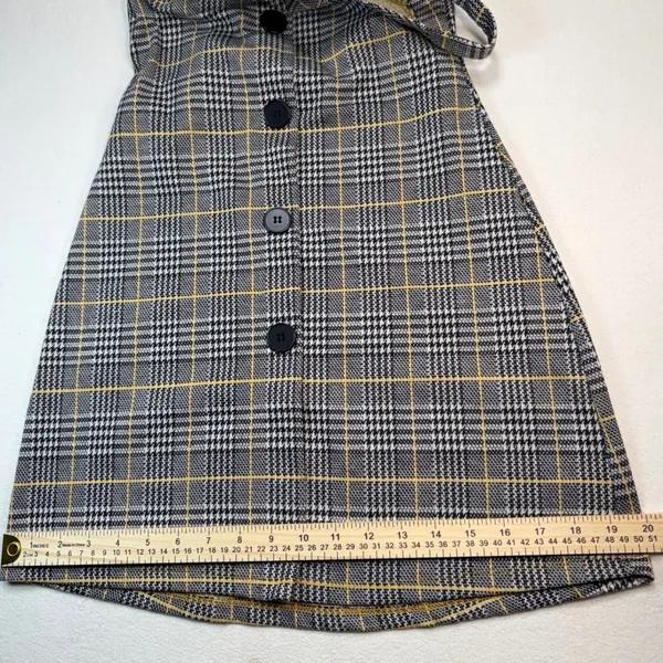 Grey‎ Yellow Plaid Button Front Mini Dress Sleeveless V-Neck A-Line Pinafore - Image 10
