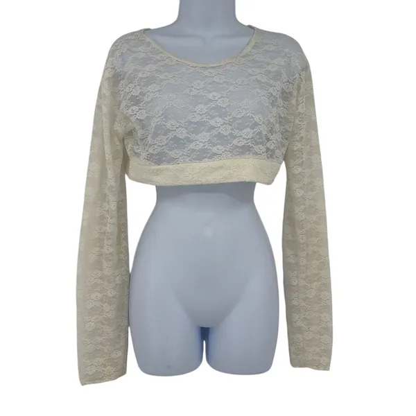 Y2K Sheer Lace Crop Top Sz XL Cream Festival Coquette Long Sleeve Fairy Grunge - Image 2