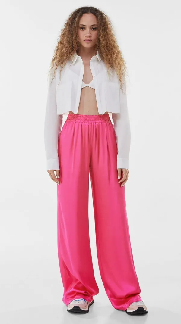 Bershka satin Effect wide leg pink pants - Image 4