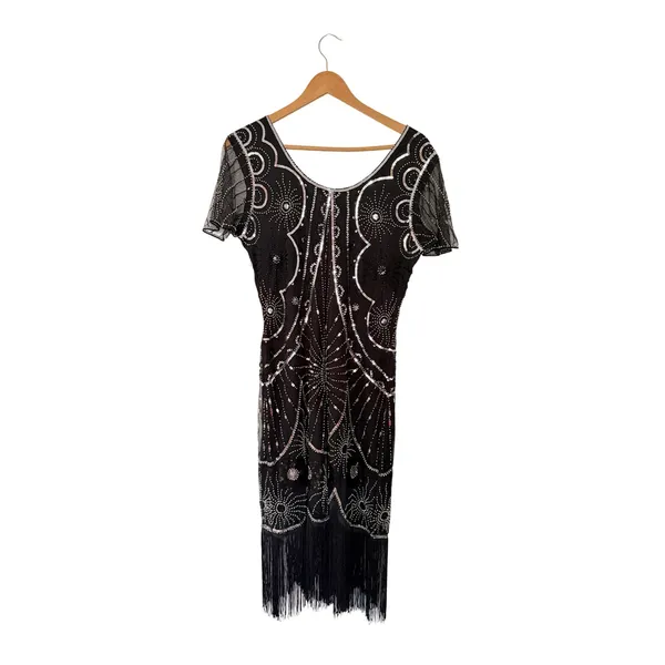 Yessa Flapper Dress Women L Black NEW 1920s Gatsby Sequin Fringe Art Deco Party - Image 5