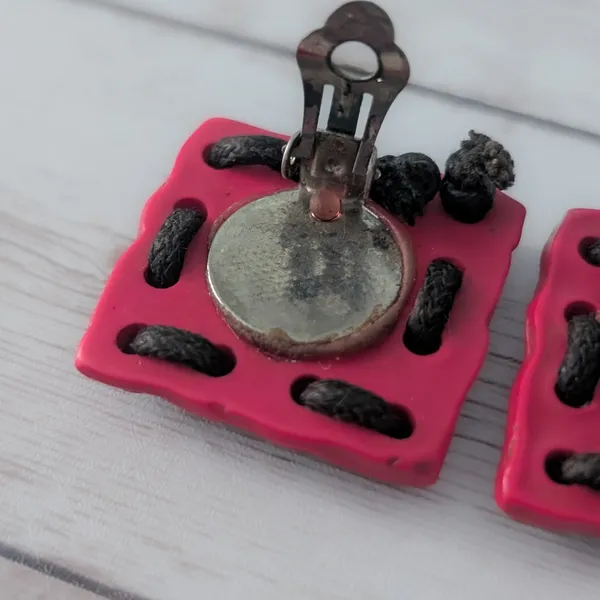 Vintage Clip On Earrings Large Statement Pink Square with Dark Brown Cord - Image 5