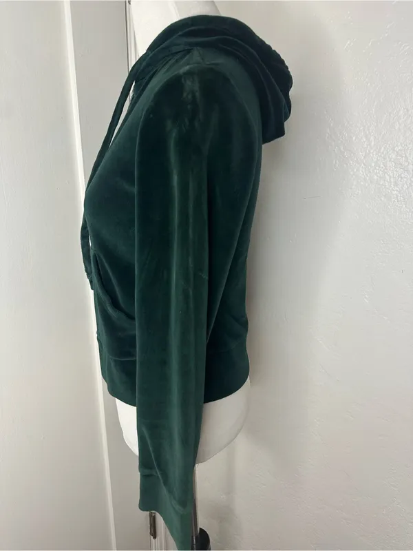 Vintage Y2K Style Deep Emerald Green Velour Full-Zip Hoodie - Image 3