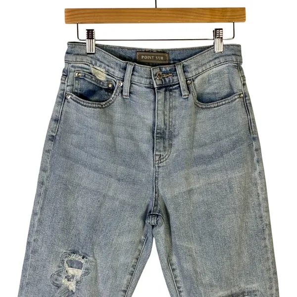 Point Sur J.Crew High-Rise Slim Boy Distressed Jeans Light Wash Size 26 Raw Hem - Image 3