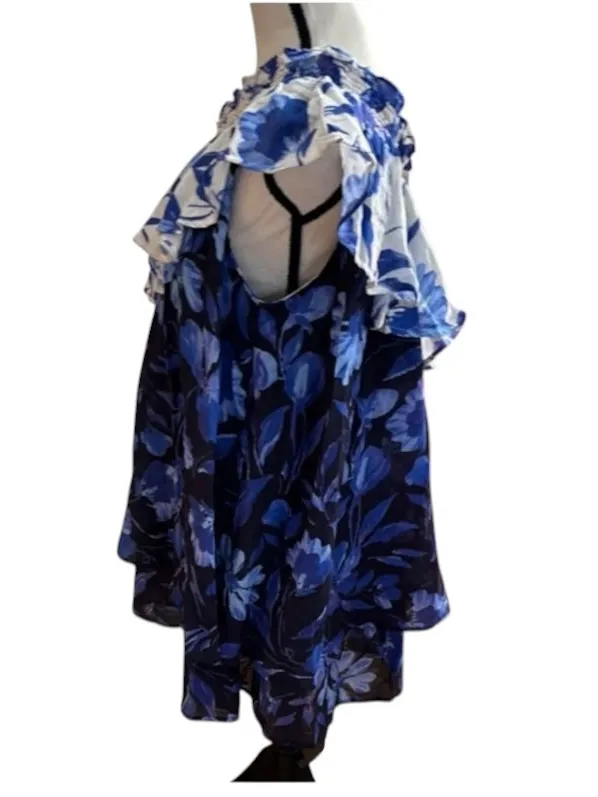 Anthropologie Boho Floral One-Shoulder Ruffle tier Mini Dress Resortwear fairy - Image 9