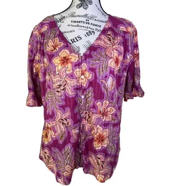 Women's Purple Magenta Floral Paisley Blouse Size L V-Neck Short Sleeve Boho Top - Image 2