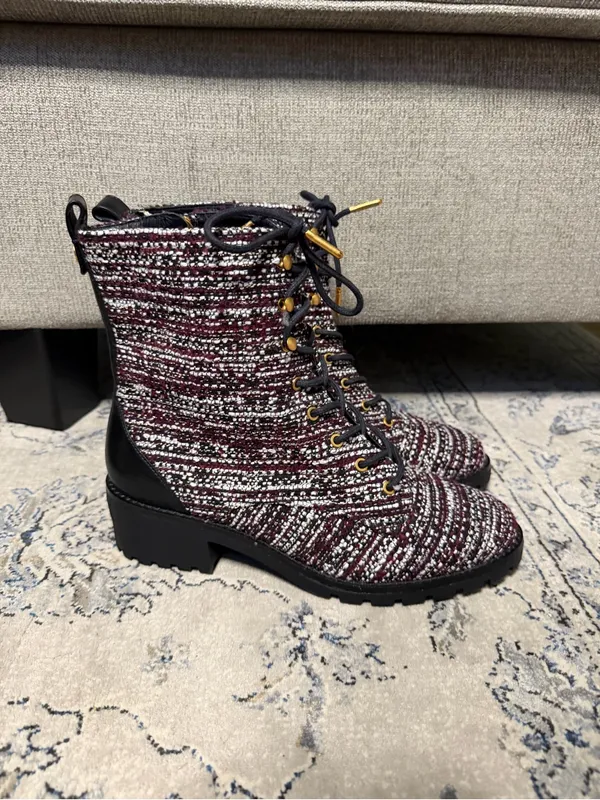 Tory Burch Combat Lug Sole Tweed Leather Boots - Image 5