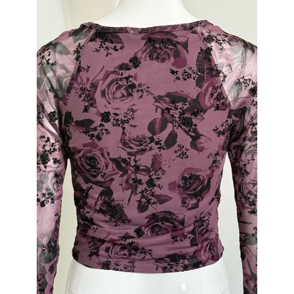 Derek Heart Y2K Purple Mesh Floral Lace Trim Long Sleeve Crop Top Grunge Blouse Women’s M - Image 7