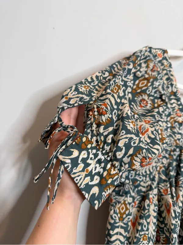 DR2 Boho Peasant Blouse Womens Large Green Floral Puff Sleeve Cotton Shirt - Image 3
