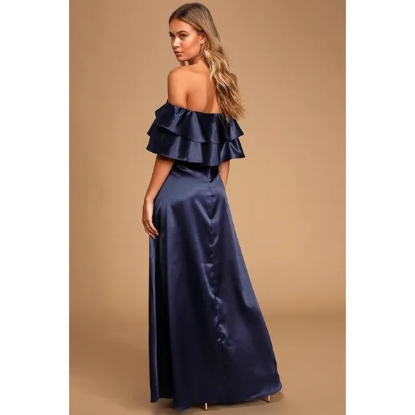 Lulus Pure Happiness Navy Blue Dress Size Small Satin Off-the-Shoulder Long New - Image 6