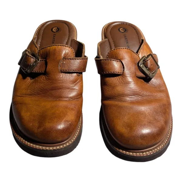 Vtg 1990s Earth Shoe Cognac Brown Leather Wooden Block Heel Clogs Sz 10 - Image 2