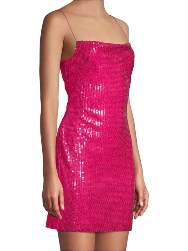 LIKELY Sequin Spaghetti Strap Draped Cowl Neck Mini Dress Fuchsia Pink Size 8 - Image 2