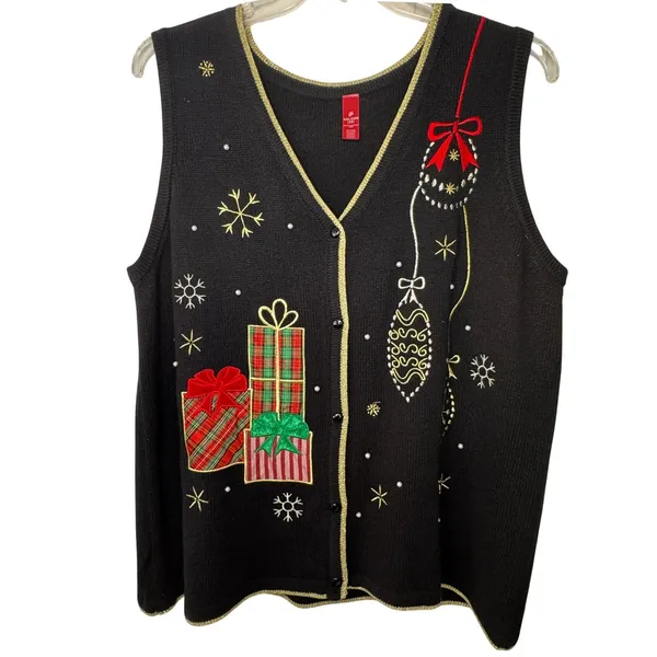 Holiday Time Christmas Sweater Vest Womens 2X 20 Black Gold Embroidered‎ Beaded - Image 12