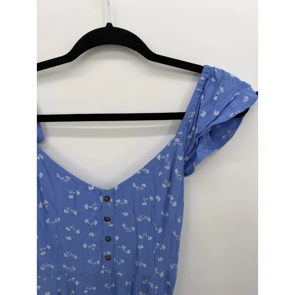 Billabong Blue Floral Smocked Back Ruffle Sleeve Mini Dress Size Medium - Image 3