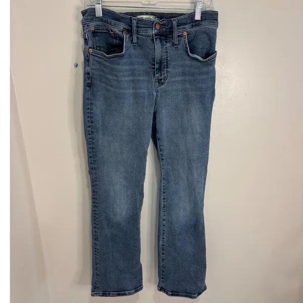 Madewell Mid-Rise Kick Out Jeans Blue Stretch Denim Size 30 Flare Cropped - Image 2