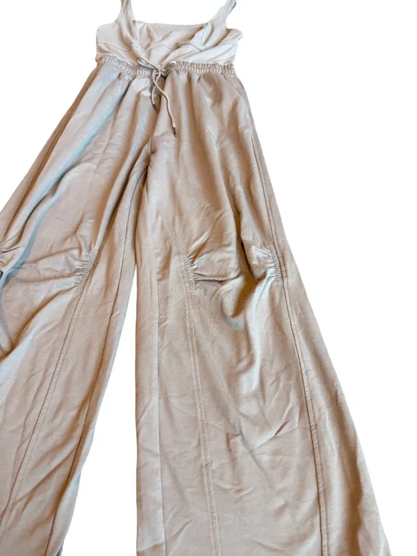 Outfeel Square Neck Tan Stretch Jumpsuit Full Length Wide Leg Flowy Size Medium - Image 4