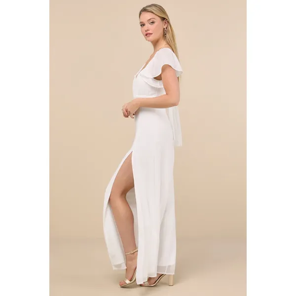Lulus Simply Delightful White Tie Back Flutter Sleeve Maxi Dress Chiffon XL NWT - Image 3