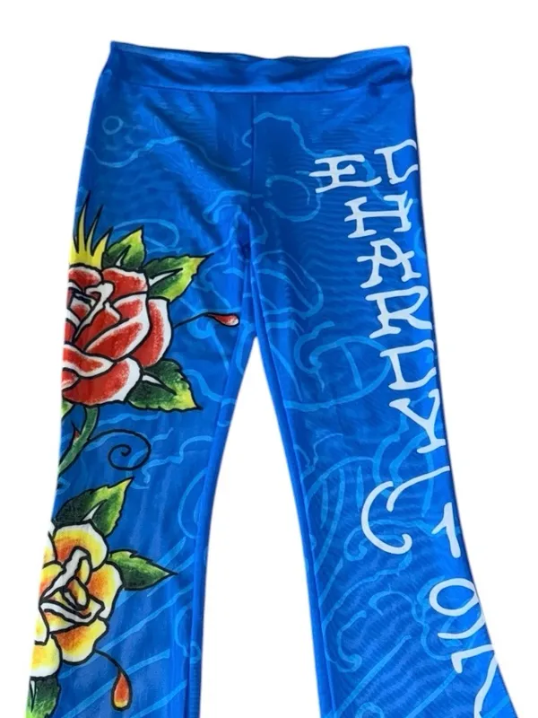 NWT Ed Hardy Swim Blue Flared Bell Bottom Pants Rose Tattoo Print Y2K Medium - Image 6