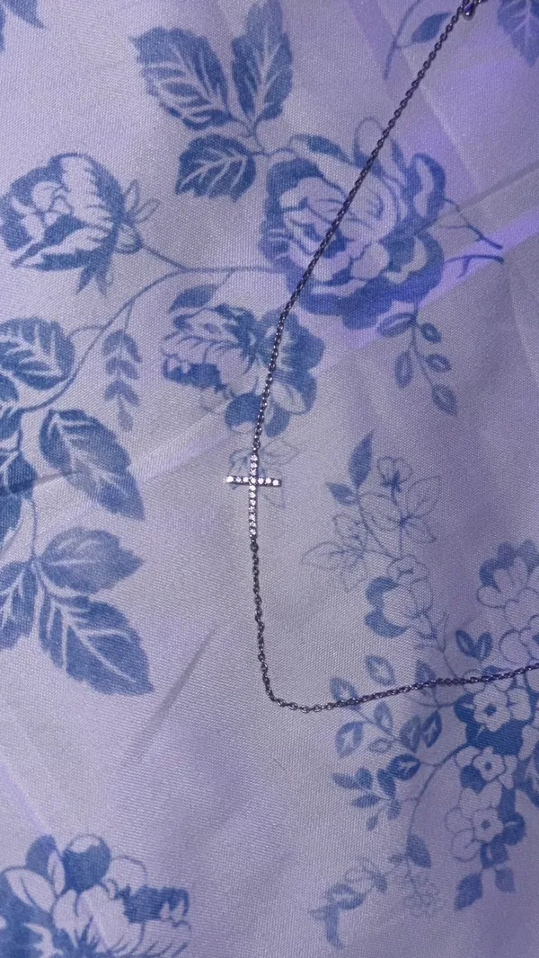 silver sideways diamond cross necklace - Image 2